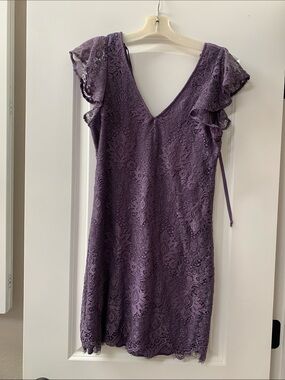 Francesca's Collections Purple Lace V-Neck Ruffle Sleeve Mini Dress